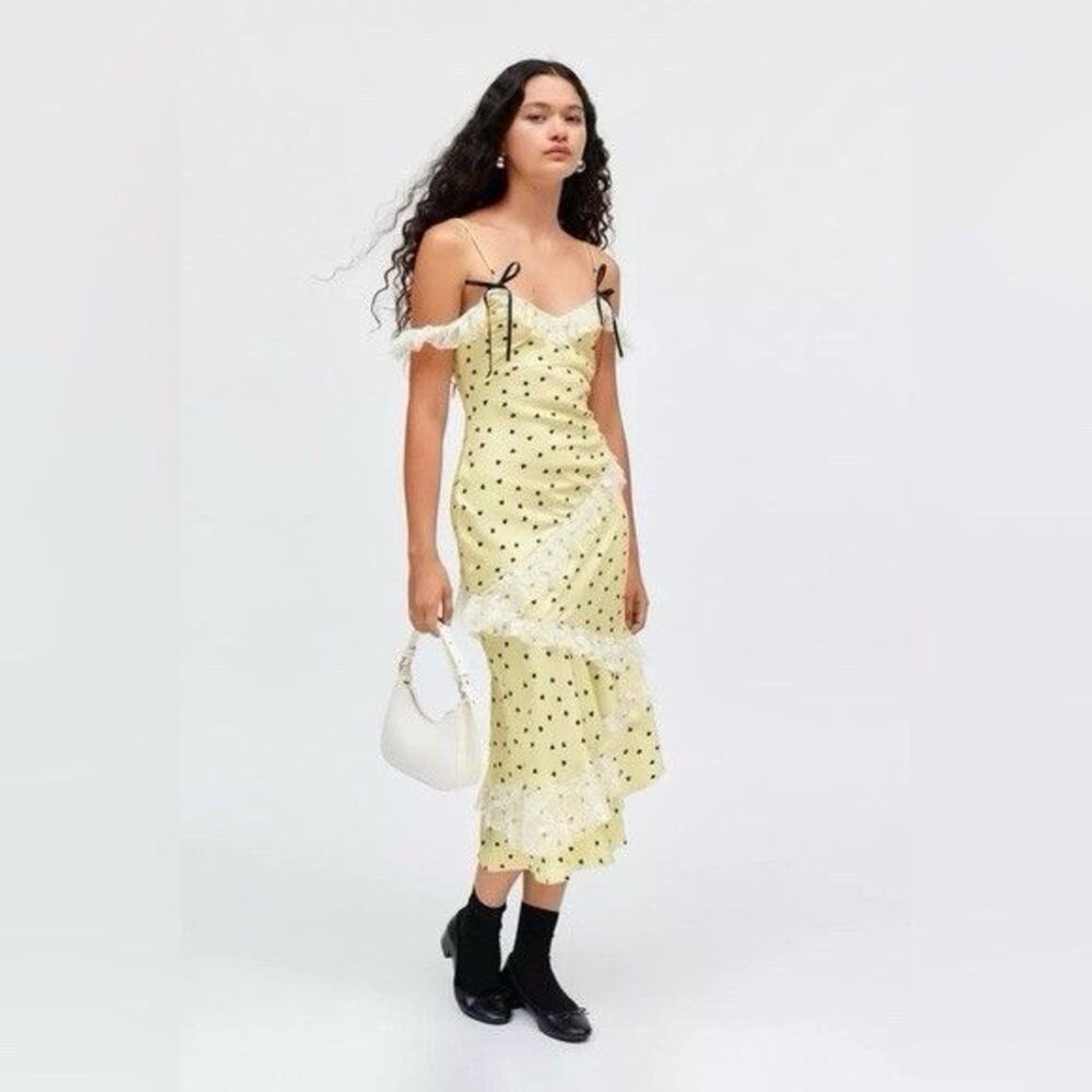 Urban Outfitters Yellow Polka Dot Midi Dress with White Lace